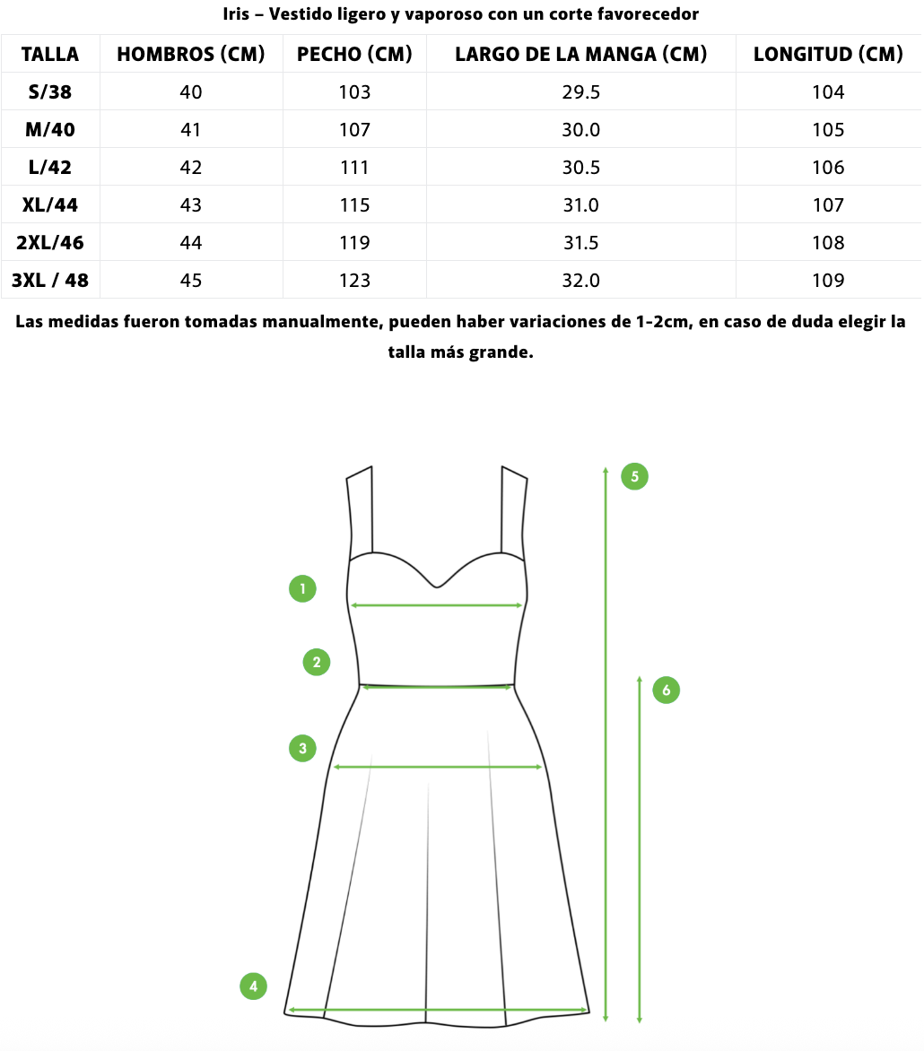 Tabla de tallas — Iris – Vestido ligero y vaporoso con un corte favorecedor