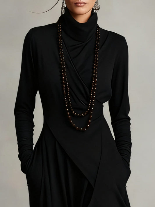 AURELIA™║Vestido largo plisado asimétrico con cuello alto
