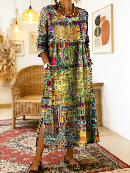 Manuela | Vestido Denim con Patchwork Étnico