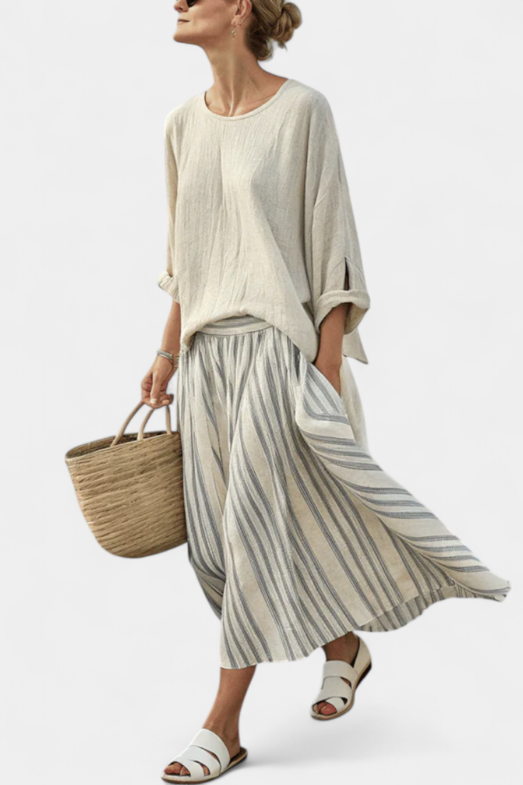Aurora — Blusa cómoda y falda midi a rayas