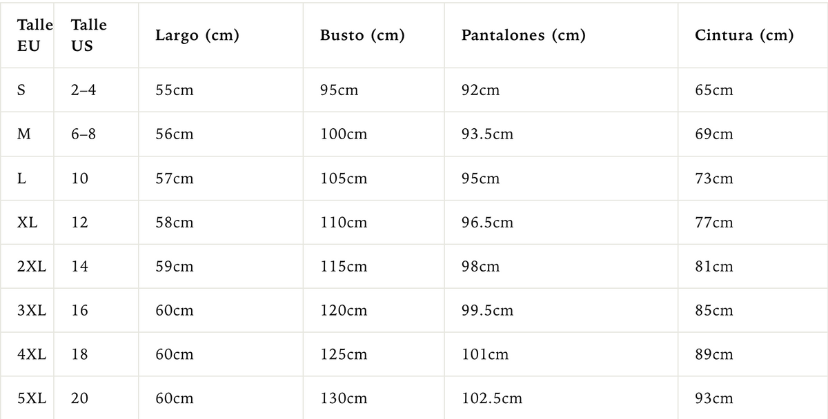 Tabla de tallas — Camille | Set Elegante de 2 piezas