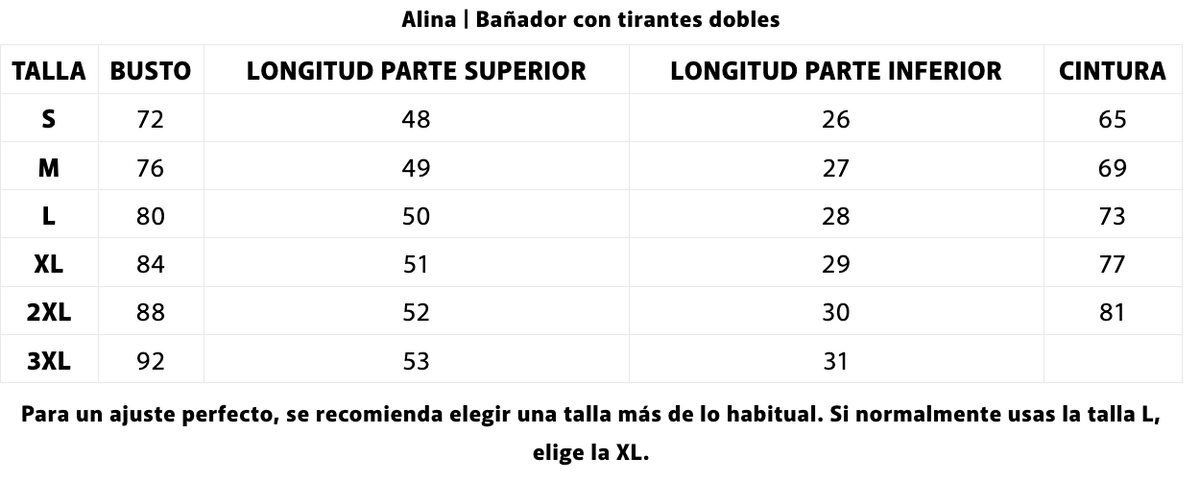 Tabla de tallas — Alina | Bañador con tirantes dobles