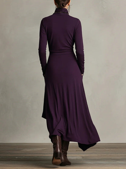 AURELIA™║Vestido largo plisado asimétrico con cuello alto