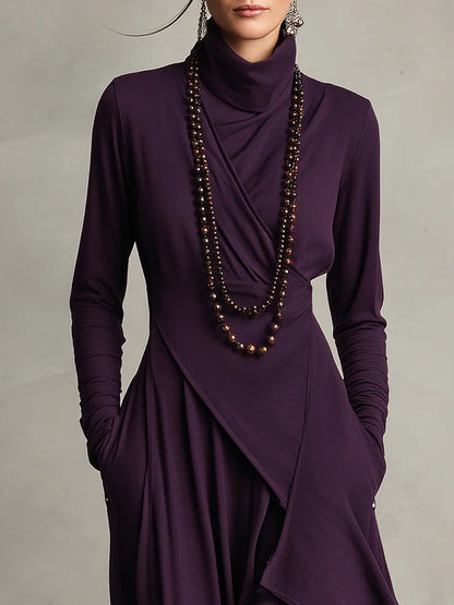 AURELIA™║Vestido largo plisado asimétrico con cuello alto